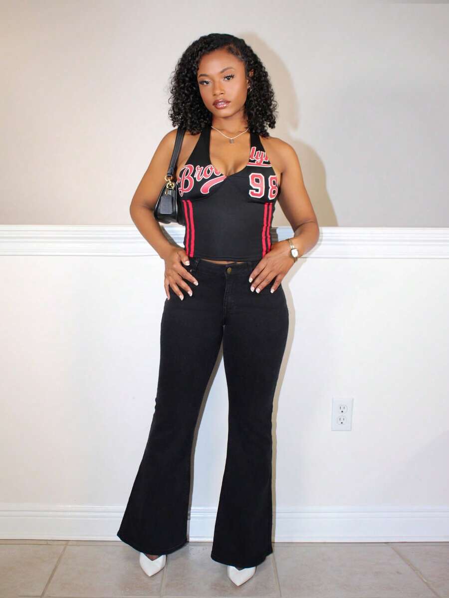 Steph T Streetwear Women's Fashion Color Block "98" Letter Print Deep V-Neck Halter Tank Top - Black - View 1