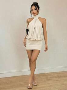 SHEIN PETITE High Neck Halter Backless Mini Dress,Summer Dresses For Women - Apricot - View 4