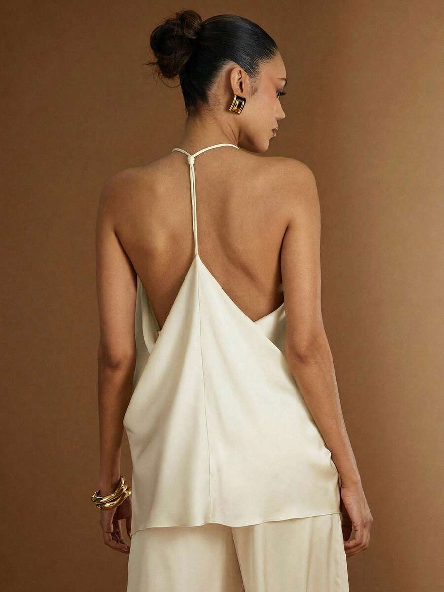 Hauture Women's Sexy Minimalist Solid Color Textured Backless Halter Top, Summer - Beige - View 1
