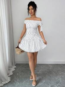 Elenzga 女士新款夏季波点印花无袖吊带蝴蝶结不对称优雅浪漫休闲度假白色连衣裙 - 白色 - 查看 6