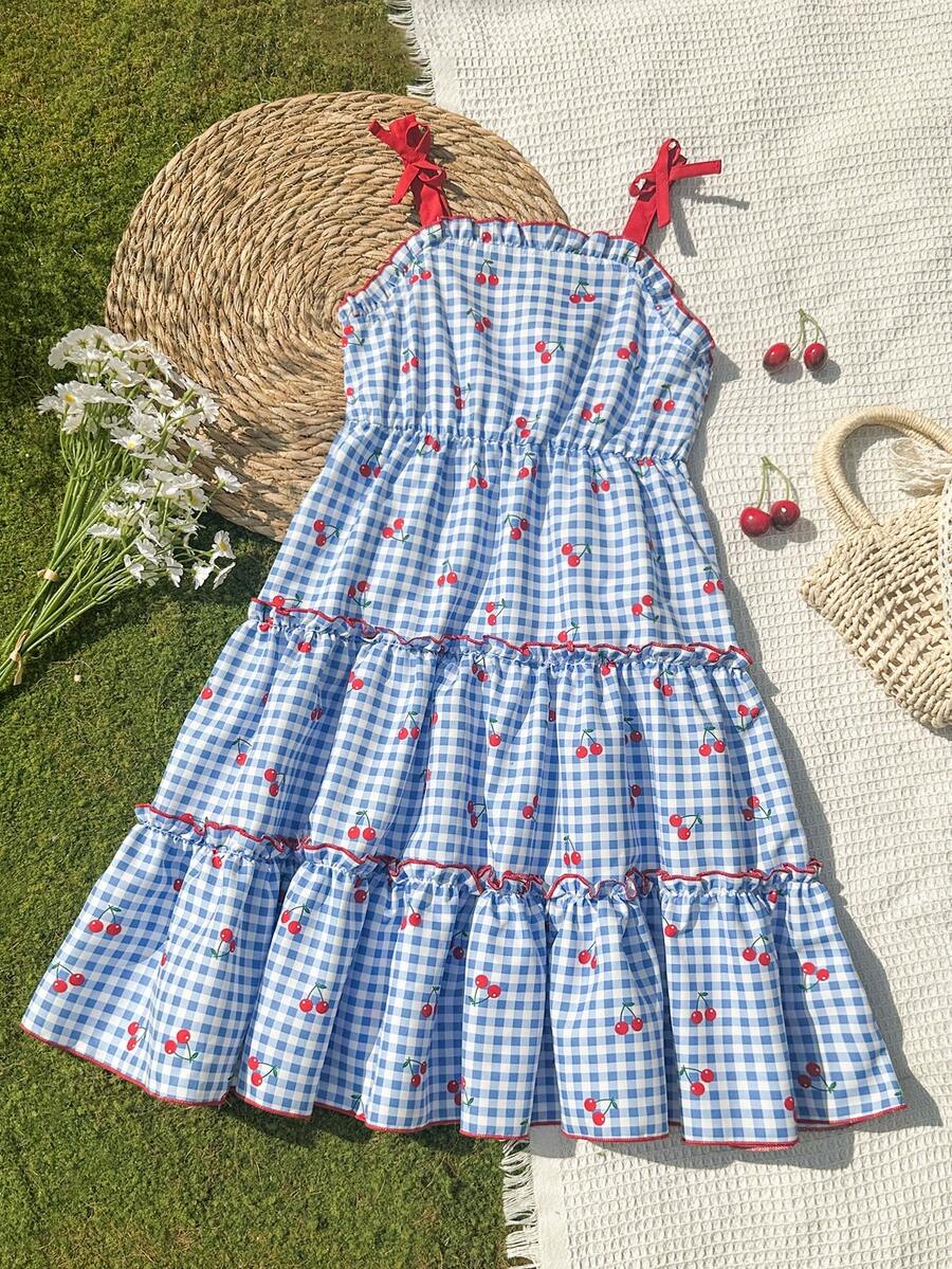 SHEIN Vintaside Kids Đầm công chúa mùa hè năng động họa tiết kẻ caro đỏ anh đào với dây đeo có nơ - Màu xanh lam - Xem 1