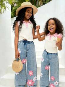 Souflis Souflis 2-Piece Girls Outfit Sets Aged 4-7,Sleeveless Top With Embroidered Denim Pants,Summer,Family Matching,Back-To-School Fashionable Casual Jeans Outfit - Multicolor - View 8