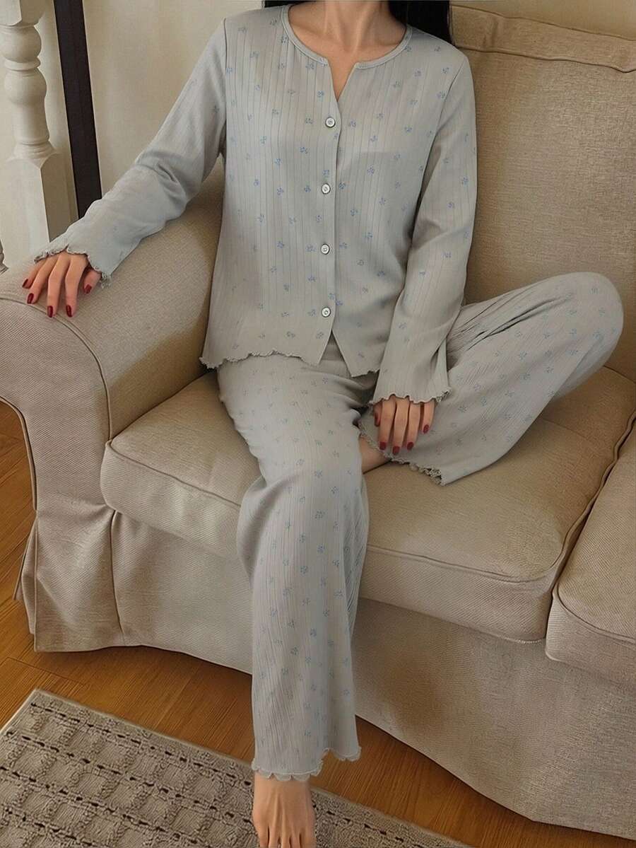 女士两件套睡衣套装，包括领结、碎花针织开衫和直筒长裤，春季睡衣 - 灰色 - 查看 1