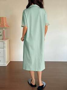 DAZY Vestido camisero largo con estampado floral y manga corta, ropa de dormir para mujer - Verde - Ver 2