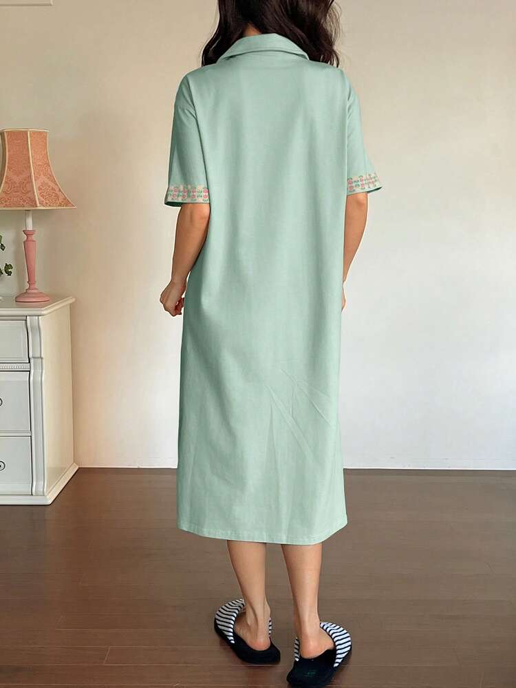 Floral Pattern Shirt Style Short Sleeve Maxi Nightgown Dress, Women Sleepwear