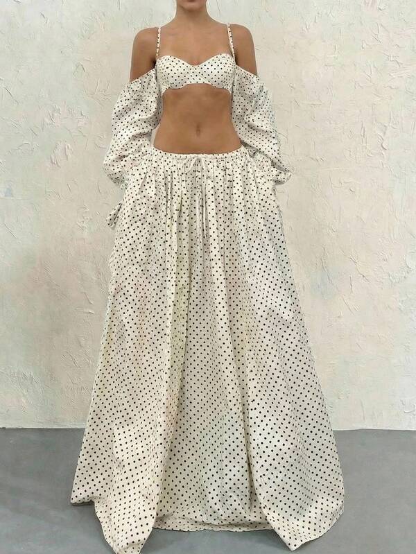 SHEIN SXY Women's Polka Dot Print Long Sleeve Top And Skirt 2 Pieces Set, Polka Dot Set ,Summer ,Vacation ,Beach ,Spring ,Sexy White Two Piece Skirt Set Vacation Outfits Woman Skirt Set Vacation 2 Piece Outfit Elegant Two Piece Set