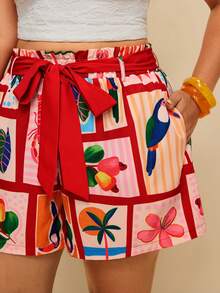 Travachic 大码纸袋腰带棕榈树图案短裤 - 彩色 - 查看 7