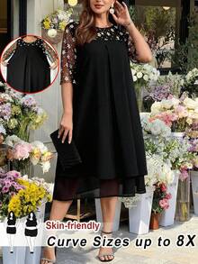 SHEIN CURVE+ Đầm cỡ lớn dáng rộng cổ tròn phối lưới hoa văn, thích hợp cho mùa hè - màu đen - Xem 1