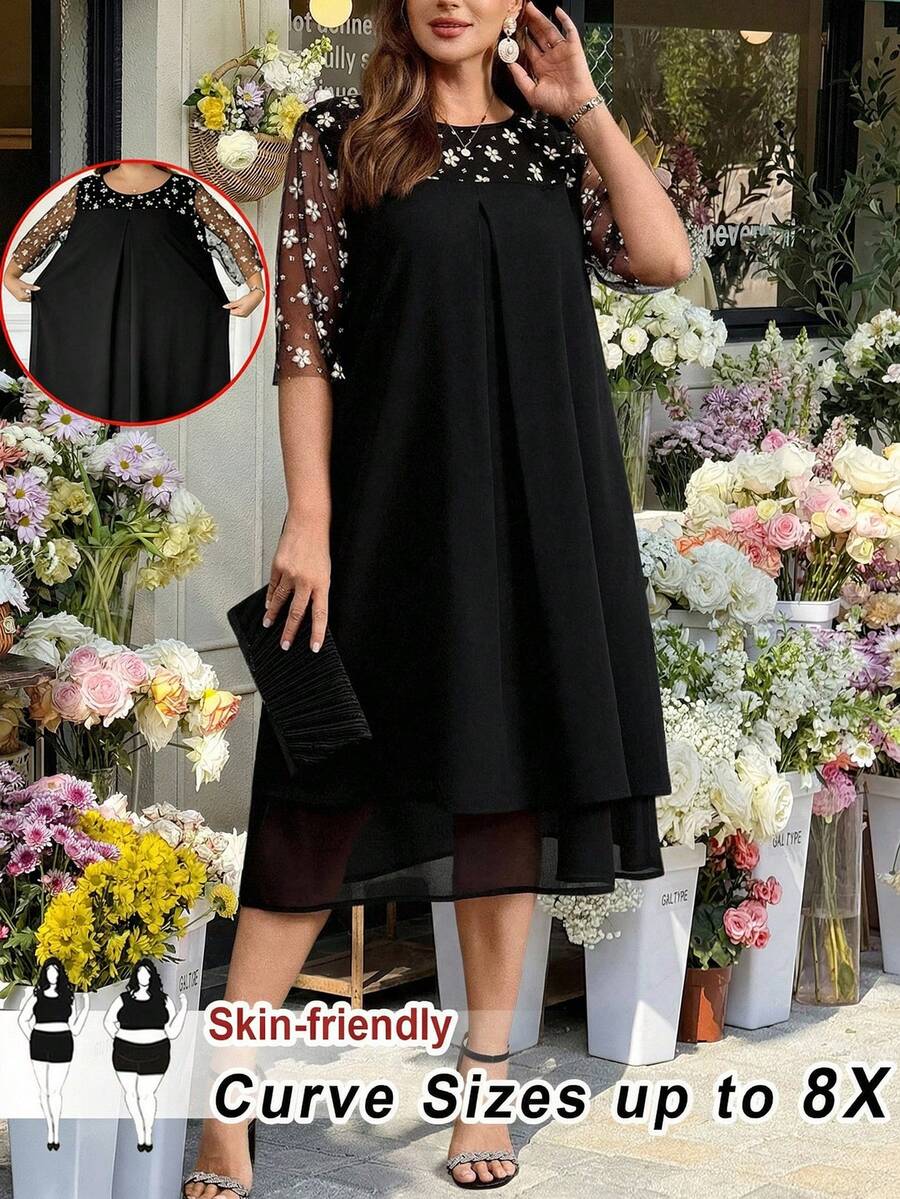 SHEIN CURVE+ Đầm cỡ lớn dáng rộng cổ tròn phối lưới hoa văn, thích hợp cho mùa hè - màu đen - Xem 1