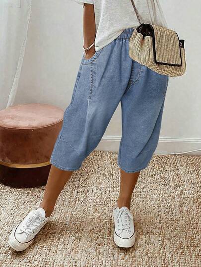 EMERY ROSE Women's Elastic Waist Wide Leg Loose Casual Versatile Jeans,Capri Pants – High Waist Elastic Wide Leg Casual Summer Outfits,Haren Pants High Waist Loose Capri Summer Lounge Wear,Women's Vintage Denim Culottes – Wide Leg Cropped Pants Casual Streetwear,Light Wash Denim Capri Pants With High Stretchy Elastic Waist, Relaxed Tapered/Harlen Silhouette & Side Pockets. Soft Breathable Denim, Comfortable For Daily Casual, Lounge & Summer Vacation Wear,DenimCapris, HarenJeans, WideLegPants, ElasticWaist, CapriPants, SummerOutfits, CasualOutfits, LooseFit, LoungeWearPerfect Fit Loose Wide Leg, Hides Hips & Thighs, Flattering Shape,Versatile Style Capri Length, Ideal For Summer, Daily & Commute