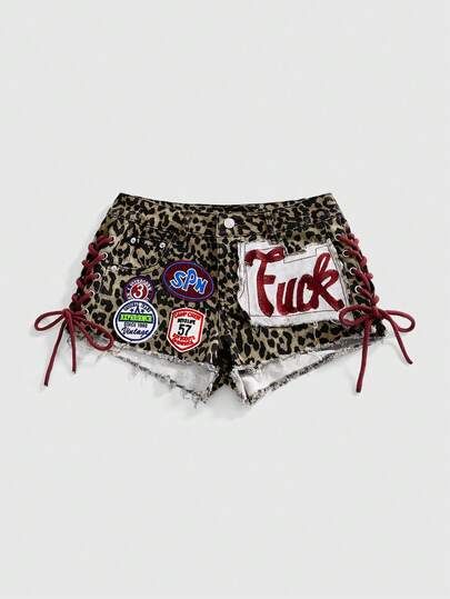 ROMWE Avant 女士 Y2K 复古运动芭蕾风标语刺绣抽绳迷彩低腰性感迷你紧身牛仔短裤