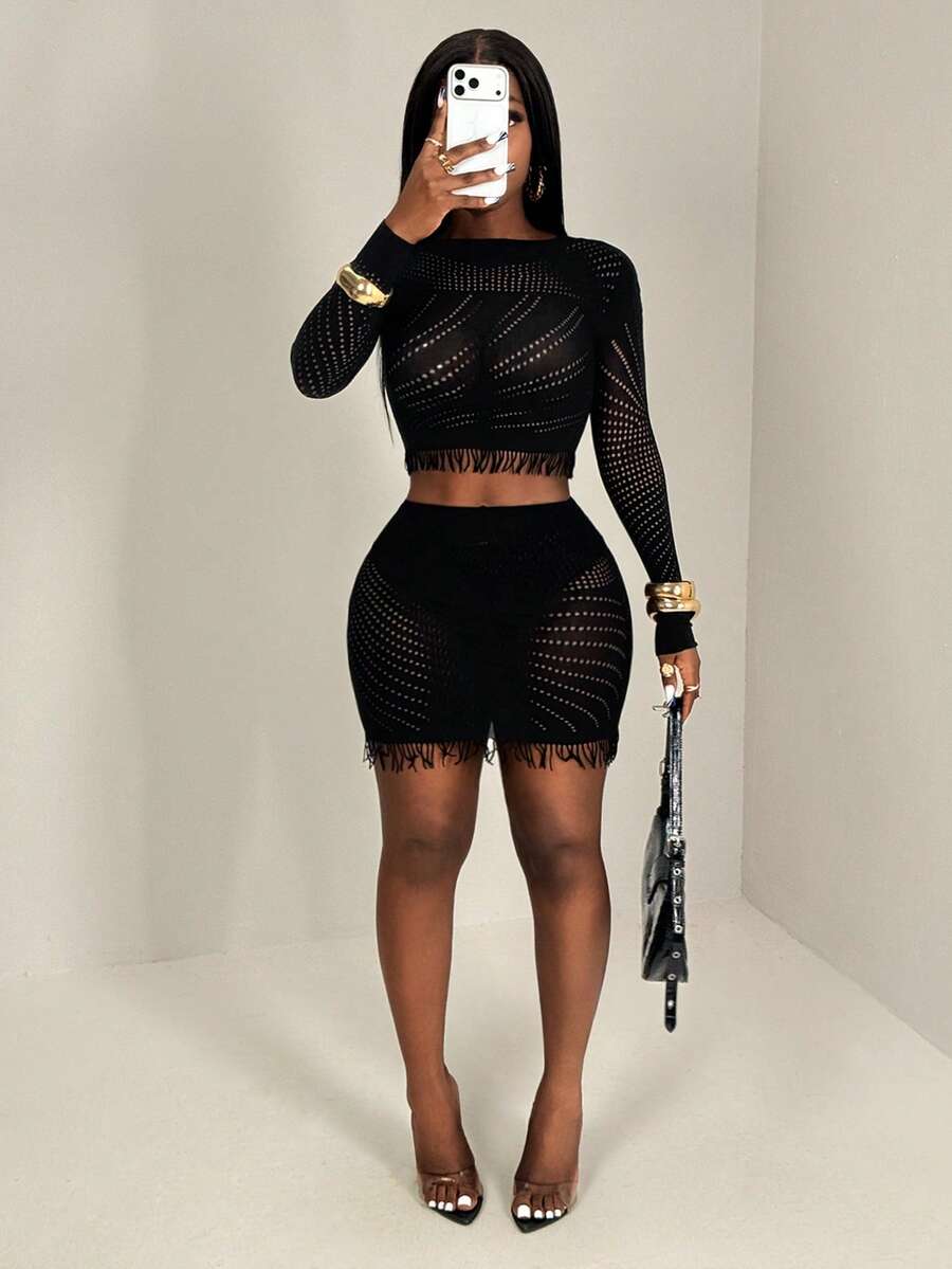 BamGleam Women's Sexy Hollow Out Mesh Sheer Bodycon 2 Pieces Set - Black - View 1