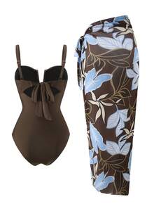 Swim Oasis Spring/Summer 2-Piece Set: Solid Color Removable Padded Thick Strap High Cut One-Piece Swimsuit & Long Printed Mesh Skirt Premium Set - Coffee Brown - View 7