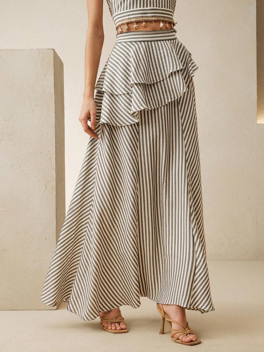 Anewsta 女士度假休闲条纹荷叶边半身裙 - 彩色 - 查看 1