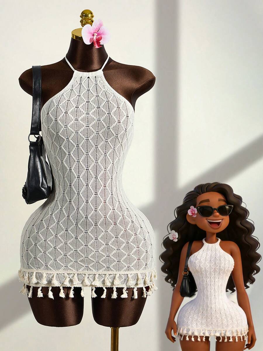 Zestiva 女士优雅度假露背系带流苏迷你连衣裙 - 杏色 - 查看 1