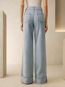 Anewsta Women's Fashionable Glamorous White Pearl Romantic Valentine's Day Party Vacation Blue Straight Leg Cuffed Jeans - Blue - View 5