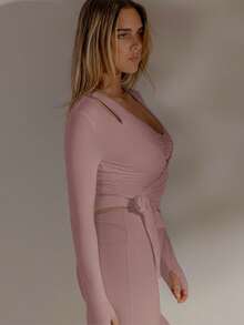 Aralina 纯色系带裹身修身长袖运动T恤 - 藕粉色 - 查看 6