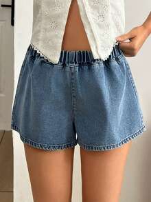 EURMUSE Low Waist Casual Style Medium Blue Wash Regular Fit Elastic Belt Mini Denim Short - Medium Wash - View 5