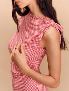 lacRébo Red Gingham Check Print Tie Shoulder Boatneck Midi Dress Spring Summer - Red and White - View 4