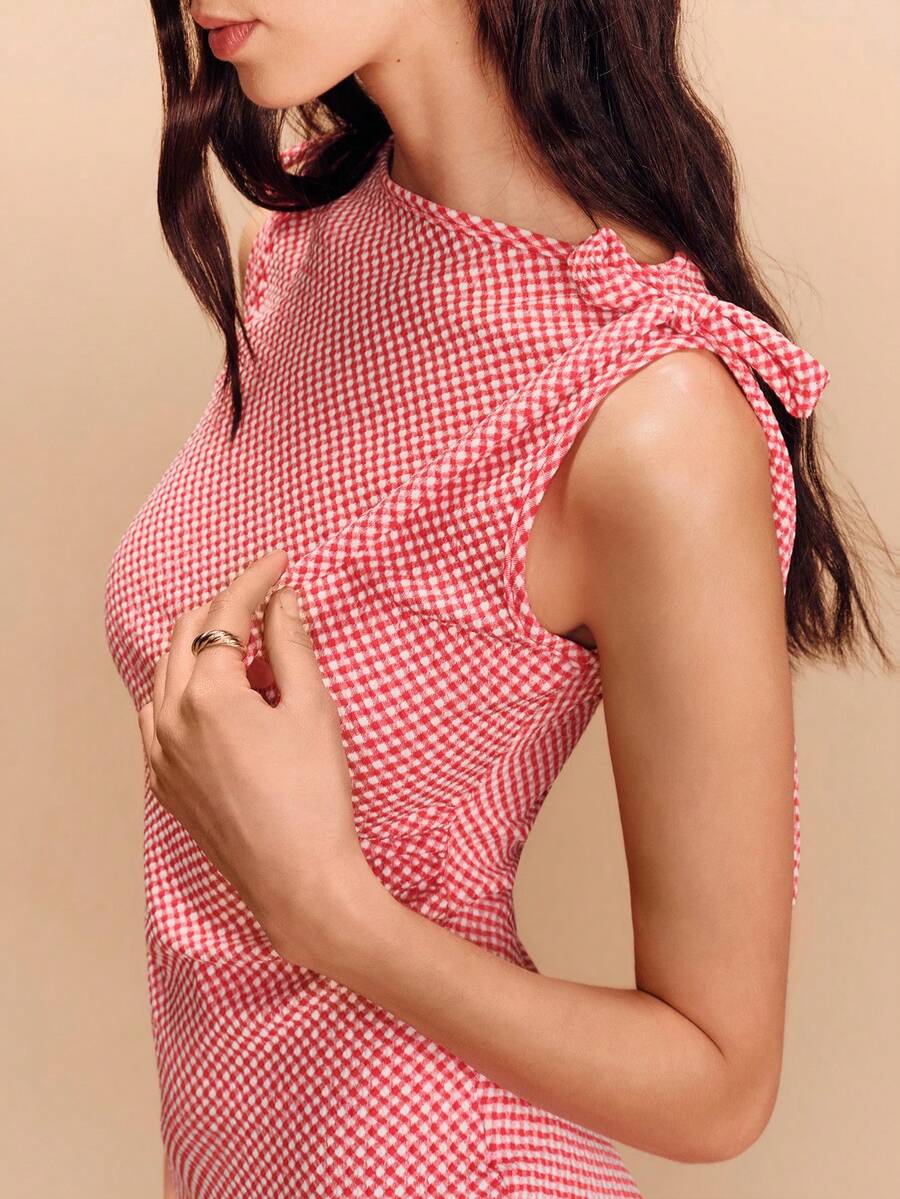 lacRébo Red Gingham Check Print Tie Shoulder Boatneck Midi Dress Spring Summer Style French Style Parisian Style Women's Dresses Midi Dress Pink Gingham Dress Women - Red and White - View 1