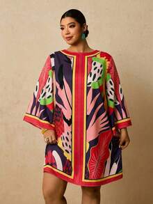 Travachic 大码女式紫红色热带花卉印花连衣裙，中长袖连衣裙，秋季连衣裙，宽松短款圆领连衣裙，露背系带连衣裙，罩衫连衣裙，度假连衣裙，灯笼袖连衣裙，热带印花连衣裙，棕榈印花连衣裙，粉红色连衣裙，秋季女式圣诞派对连衣裙，优雅连衣裙，乡村音乐会服装，婚礼宾客连衣裙 - 紫色 - 查看 3