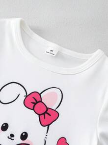 6件套 女童可爱兔子卡通印花弹力针织面料休闲舒适短袖上衣和短裤睡衣套装 - 彩色 - 查看 6