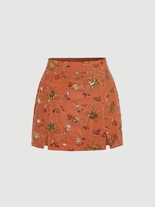 SHEIN MOD 女士亮片拼接刺绣开衩优雅半身裙 - 橘色 - 查看 4
