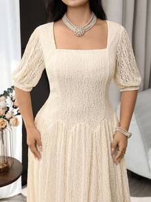 Feyla Plus Size Women's Square Neck Puff Sleeve Elegant Lace Dress - Apricot - View 5