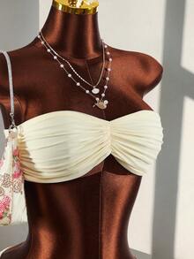 Amplova Vacation Beach Strapless Ruched Mesh Top & Low Waist Sequin Fringe Hem Skirt 2-Piece Set For Women - Light Yellow - View 10