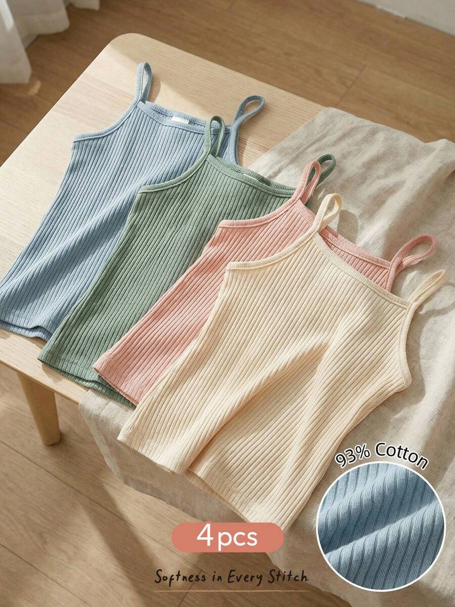 Cozy Pixies 4pcs/Pack Baby Girl Casual And Versatile Knitted Soft Solid Colored Three-Piece Camisole Set With Spaghetti Straps For Summer - Multicolor - View 1