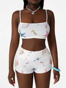 Amplova 2026 New Casual Basic Style Ocean Pattern Vacation Set, 2pcs For Women - Multicolor - View 4