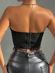 Allurite Women's Black Lace Patchwork Corset Tube Top With Bra,Elegant Summer Night Club Strapless Versatile Tops - Black - View 2