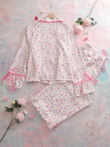 SHEIN 大码女式碎花长袖纽扣上衣和裤子睡衣套装 - 彩色 - 查看 2