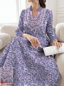SHEIN Najma 花卉图案剪影彩色植物印花领口设计V领开衩下摆长袖连衣裙，优雅阿拉伯风格，适合春夏穿着，可作度假、假日及日常穿着。 - 彩色 - 查看 1