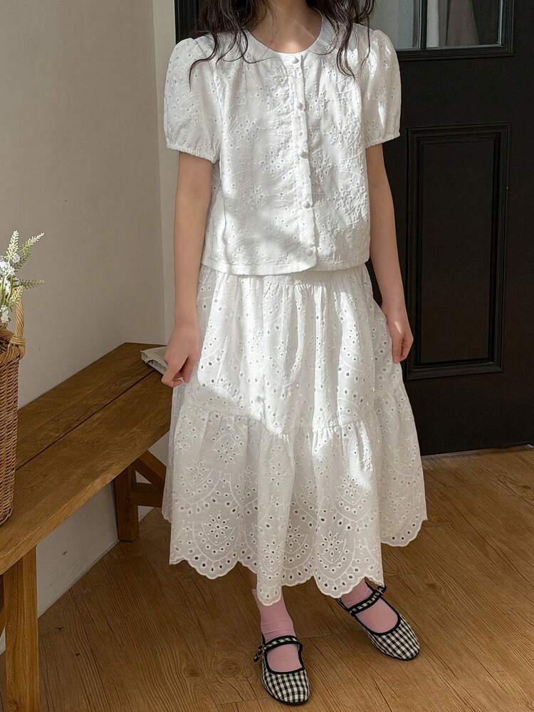 Tween Girl Solid Color Button-Front Round Neck Short Sleeve Shirt And Ruffle Hem Mini Skirt Set