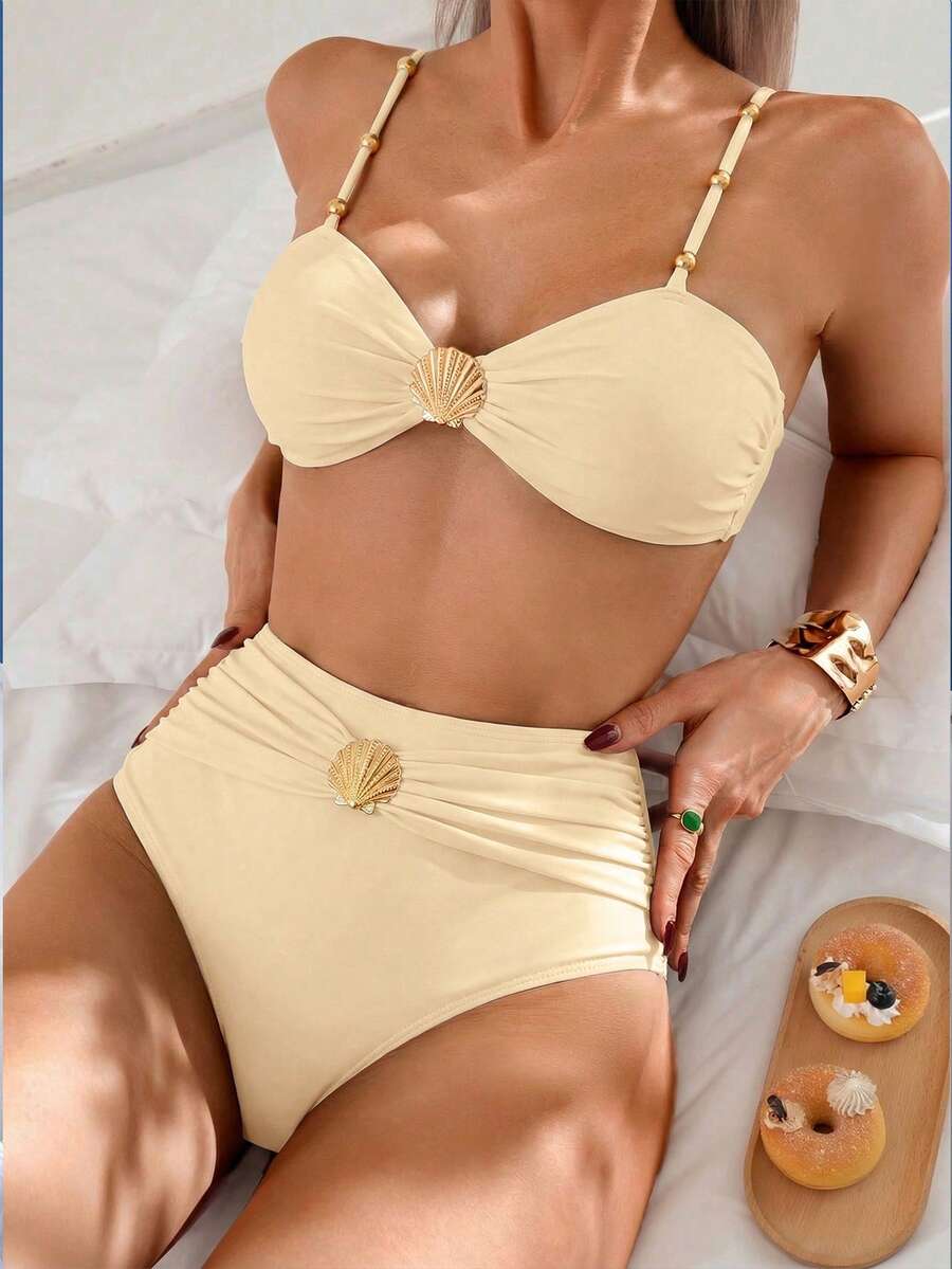 Swim Chiccia 2025 Spring/Summer Women's Elegant Vacation Metal Shell Buckle Beaded Strap High Waist Tummy Control Brown Bikini Set - Apricot - View 1
