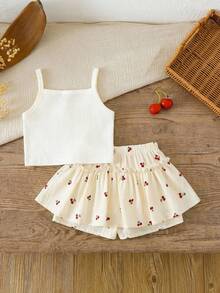 SHEIN LMoss Kids 2pcs Young Girl Knitted Solid Color Cherry Graphic Camisole And Shorts Set - White - View 2
