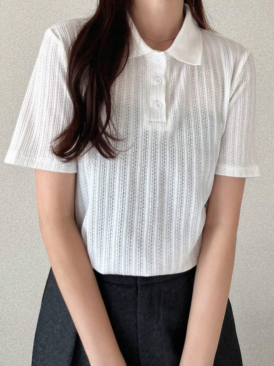 FRIFUL Women's Loose Fit Polo Collar Ribbed Short Sleeve Solid Color T-Shirt - White - View 1