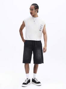 SUMWON 男士短款宽松印花背心，胸前印花图案，无袖夏季休闲街头风肌肉背心 - 杏色 - 查看 3