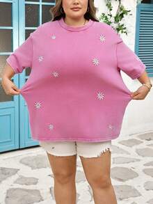 SHEIN CURVE+ Curve 尺码 US22 音乐节、海滨度假、波西米亚风女式圆领短袖宽松T恤，饰有水洗雪花和刺绣 - 玫紅色 - 查看 3