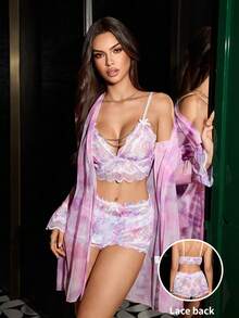 Tie-Dye Lace Chain Decor Mesh Patchwork Sexy Lingerie Set For Women - Purple - View 3