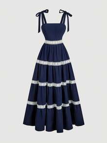 SHEIN MOD 女士蕾丝拼接打结无袖撞色连衣裙，休闲夏季款 - 藏蓝色 - 查看 2