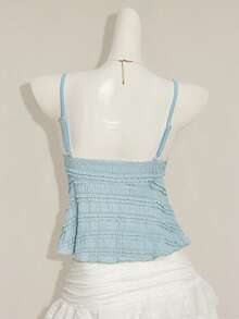 Women's Sleeveless Blouse With Ruffles In Solid-Color Textured Fabric For Summer And Vacation - Light Blue - View 2