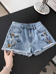 GlowEve 女士向日葵刺绣口袋毛边休闲牛仔短裤 - 藍色 - 查看 7
