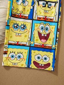 SpongeBob SquarePants | SHEIN Tween Boy Cartoon Multi-Expression Colorful Patchwork Plaid Knit Crew Neck Raglan Long Sleeve Top And Loose Pants Autumn/Winter Pajama Set - Blue - View 4