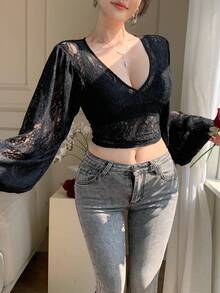 DAZY Women's Elegant Lace V-Neck Blouse, Spring/Summer Long Sleeve Tops Women - Black - View 6