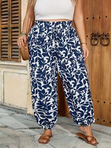 SHEIN CURVE+ Curve 尺码 US22 音乐节、海滨度假、波西米亚风女士蓝色耳朵装饰弹力腰蝴蝶结高腰显瘦裤，印花休闲度假优雅街头度假裤 - 藍白色 - 查看 3