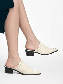 Mnmlis Women's Fashion Studded Decor Pointed Toe High Heel Mules For Christmas - Apricot - View 8
