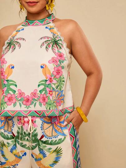 Travachic 2件套加大码碎花夏季立领无袖蕾丝边上衣和裤子套装 女装夏季服装 女装夏季套装