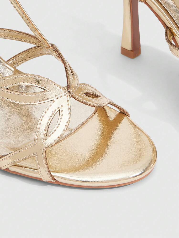 CUCCOO SZL Women Shoes Gold PU Hollow Buckle Element Fashion Sexy Spring And Summer Catwalk Round Toe High Heel Sandals Prom Heels